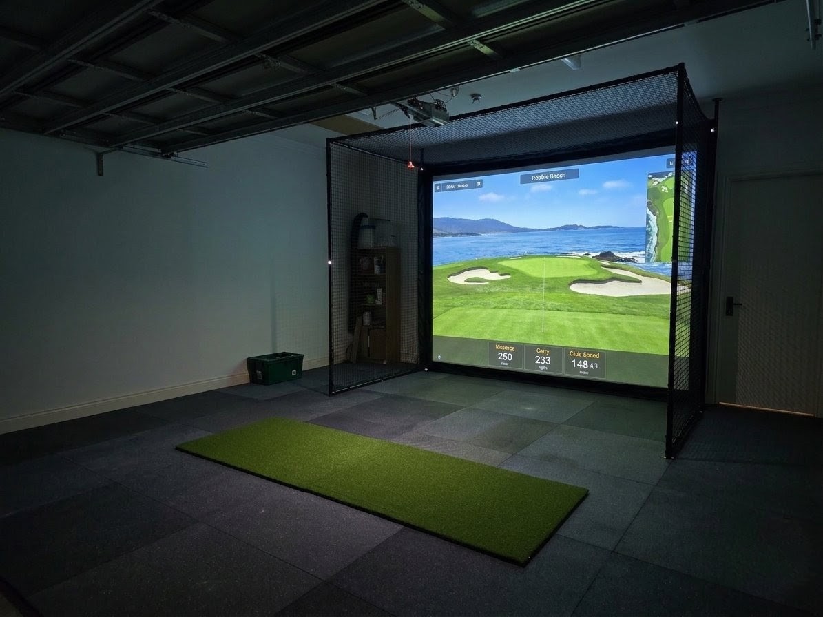 Adelaide Golf Sim Screens — home family golf simulator setup with impact screen showing Pebble Beach